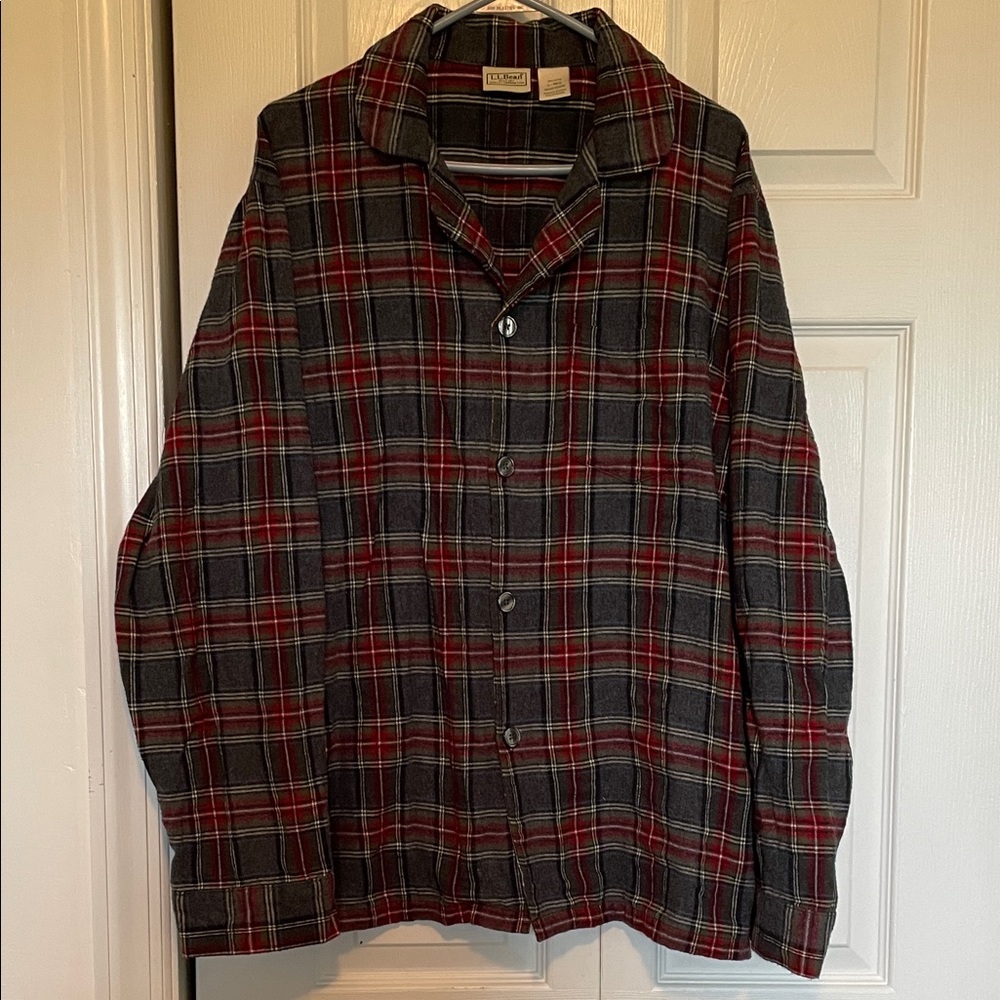 Mens L LL Bean Plaid Flannel Pajama Shirt 100% Cotton Gray/red front pocket